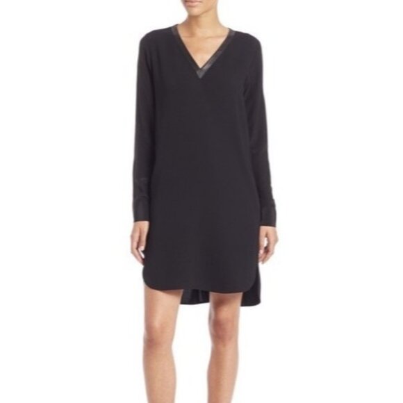 VINCE. Black Mixed Media Long Sleeve Dress w/Pockets Size 4 Tunic Leather Silk‎ - Picture 14 of 15